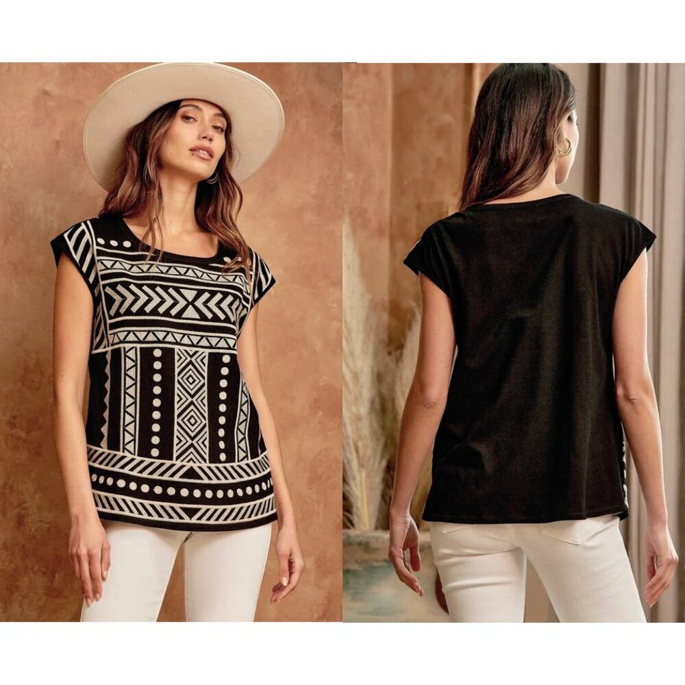 Savanna Jane Embroidered Aztec Top Black Blouse Boho Chic Medium - Picture 4 of 13